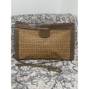 Vintage Fendi Zucca Monogram Pouch Crossbody in Tan Brown with Chain Strap